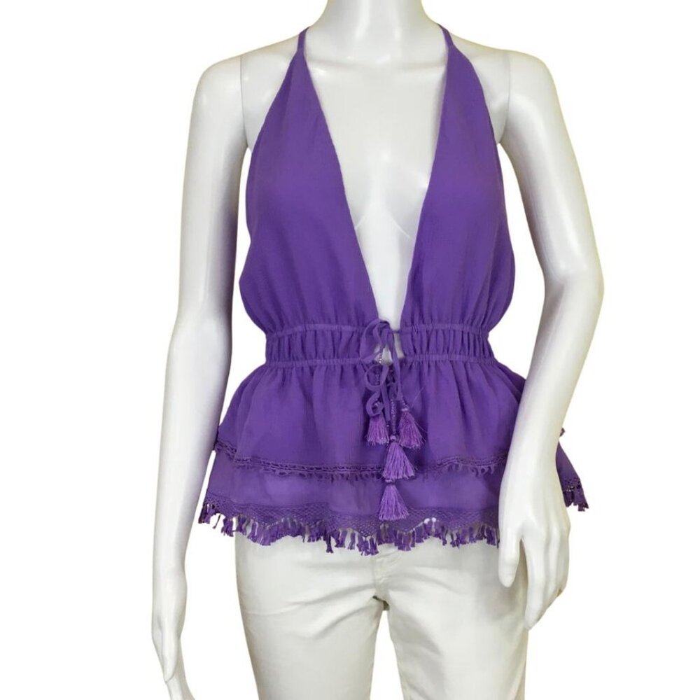 Pre-Owned Ramy Brook Women's Blouse Ruffle V Neck Sleeveless Fringes Purple Sz 2